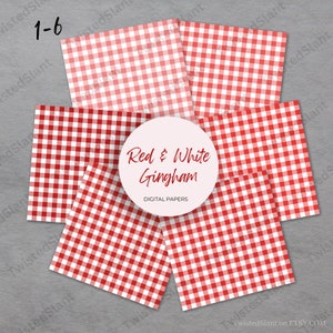 May include: Six digital paper sheets with a red and white gingham pattern. The papers are arranged in a stack with the text "Red & White Gingham" and "DIGITAL PAPERS" visible.