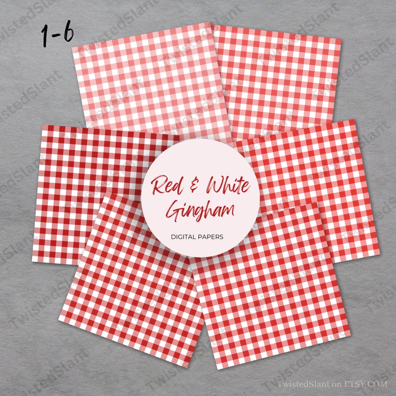 May include: Six digital paper sheets with a red and white gingham pattern. The papers are arranged in a stack with the text "Red & White Gingham" and "DIGITAL PAPERS" visible.