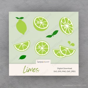 May include: A digital download of lime illustrations in green and white. The limes are whole, sliced, and in wedges. The text "Limes" is in a handwritten font. The text "Digital Download SVG, EPS, PNG, DXF, JPEG" is also included.