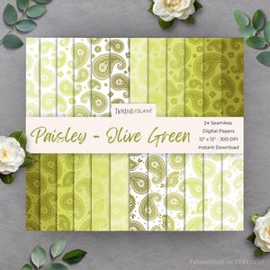 May include: A set of 24 seamless digital papers featuring a paisley design in olive green and white. Each paper measures 30.48 cm x 30.48 cm and has a 300 DPI resolution. The text reads "Paisley - Olive Green".