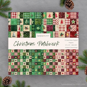 May include: A collection of 12 seamless digital papers with a Christmas patchwork design. The papers are 12" x 12" and feature a variety of festive patterns in red, green, and cream. The design includes Christmas trees, stars, and plaid patterns.
