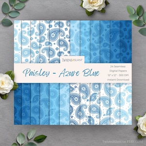 May include: A collection of 24 seamless digital papers with a paisley pattern in shades of blue and white. The papers are 12 x 12 inches and 300 DPI. The text on the image reads "Paisley - Azure Blue" and "Instant Download."