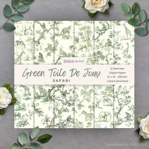 Toile De Jouy Digitales Papier | SOFORTIGER DOWNLOAD | Grün Toile | Chinoiserie Papier | Nahtloses Tiermuster | Grün | TDJ1