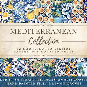 Peut inclure: Une collection de papiers numériques comprenant 72 motifs coordonnés aux thèmes méditerranéens, incluant des carreaux bleus et blancs, des citrons jaunes et des villages côtiers, avec le texte Mediterranean Collection 72 Coordinated Digital Papers.
