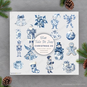 Christmas Toile Clipart Holiday | INSTANT DOWNLOAD | Blue Toile De Jouy | Chinoiserie Clipart | Vintage Toile | Blue | Set 2 | TDJ1