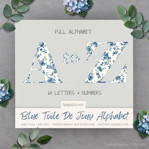 Blue Toile De Jouy Alphabet | INSTANT DOWNLOAD | Blue Toile De Jouy | Chinoiserie Clipart | Floral Toile | Vintage Toile  | Blue | TDJ1