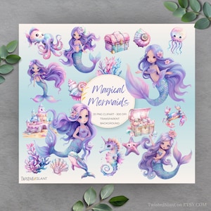 Lot de cliparts sirène aquarelle | TÉLÉCHARGEMENT IMMÉDIAT | Petite sirène png | Clipart vie marine | Clipart aquarelle | Rose Pourpre Bleu | MER01