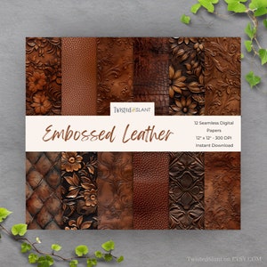 May include: Twelve digital papers featuring embossed leather textures in brown tones. The papers are seamless and measure 12 inches by 12 inches at 300 DPI. The text "Embossed Leather" is featured in the centre of the image.