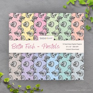 May include: Twelve digital paper designs featuring a repeating pattern of betta fish in black and white on a pastel background. The colours include pink, yellow, green, blue, purple, and grey. The text "Betta Fish - Pastels" is at the top of the image.
