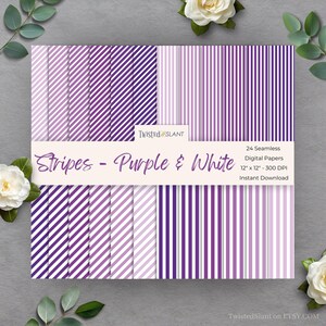 May include: A collection of 24 seamless digital papers with purple and white stripes. The papers are 12 x 12 inches and 300 DPI. The product is titled "Stripes - Purple & White" and is an instant download.