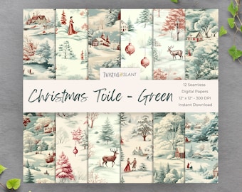 May include: Twelve digital paper designs featuring a Christmas toile pattern in green and red with a winter scene of houses, trees, deer, and people. The papers are 30.5 cm by 30.5 cm and 300 DPI.