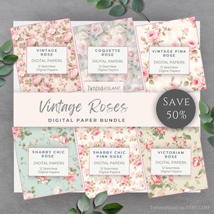 Może przedstawiać: Zestaw papieru cyfrowego z sześcioma wzorami kwiatowymi, każdy o innej tematyce różanej, jak "Vintage Rose" i "Shabby Chic Pink Rose". Papiery reklamowane są jako bezszwowe i odpowiednie do użytku cyfrowego.