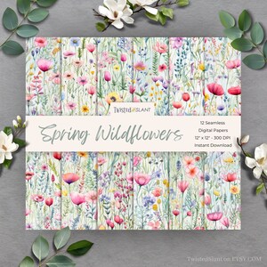 May include: Twelve digital papers featuring a seamless pattern of watercolor spring wildflowers in shades of pink, yellow, blue, and green on a white background. The papers are 12 inches by 12 inches and 300 DPI.