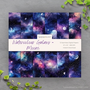 Aquarel Galaxy digitaal papier naadloos patroon | DIRECT DOWNLOADEN | Nachthemelpapier | Aquareltexturen | Naadloos sterrenstelsel | Maan