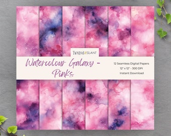 May include: Twelve digital papers featuring a watercolor galaxy design in shades of pink and purple with white stars. The papers are 12 inches by 12 inches and 300 DPI.