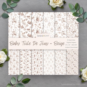 Chinoiserie Toile De Jouy Nahtloser Hintergrund fürs Kinderzimmer | SOFORTIGER DOWNLOAD | Viktorianische Papiere | Chinoiserie | Nahtlose Papiere | Beige | TDJ1