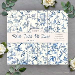 Papier numérique Toile de Jouy | TÉLÉCHARGEMENT IMMÉDIAT | Toile de Jouy bleue | Papier pour chinoiseries | Motif animal sans couture | Bleu | TDJ1