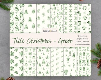 May include: Twelve digital paper designs featuring a toile pattern with a green Christmas theme. The patterns include images of Christmas trees, reindeer, angels, gingerbread men, nutcrackers, and stockings.
