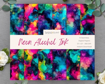 May include: Twelve digital papers featuring abstract alcohol ink designs in vibrant neon colors, including pink, blue, green, and yellow. The papers are 12 inches by 12 inches and 300 DPI.