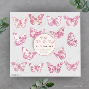 Toile De Jouy Clipart | DOWNLOAD INSTANTÂNEO | Toile De Jouy Rosa | Clipart de chinoiserie | Toile vintage | Arte de clipe de borboleta | Rosa | TDJ1