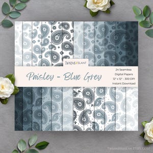 May include: A set of 24 seamless digital papers featuring a paisley design in blue and grey tones. Each paper is 30.48 cm x 30.48 cm and has a 300 DPI resolution. The image text says "Paisley - Blue Grey" and "Instant Download."