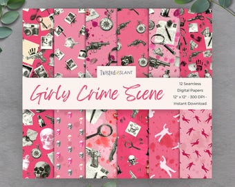 Tatort nahtlose Muster: True Crime Seamless Paper Pack, Tatort Digitales Papier, Pink
