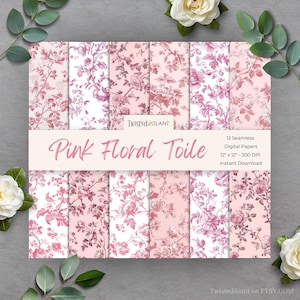 Papier numérique Toile de Jouy | TÉLÉCHARGEMENT IMMÉDIAT | Toile de Jouy rose | Papiers numériques floraux | Paquet de papier transparent | Rose | TDJ1