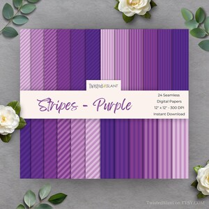 May include: A collection of 24 seamless digital papers in various shades of purple, featuring striped patterns. The papers are 12" x 12" and 300 DPI. The title "Stripes - Purple" is displayed on a white banner.