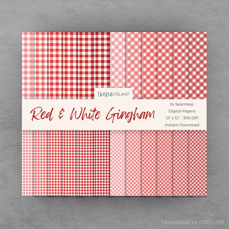 May include: A set of 24 digital papers featuring red and white gingham patterns. The papers are 12 inches by 12 inches and 300 DPI.  They are available for instant download.  Twisted SLANT Red & White Gingham.