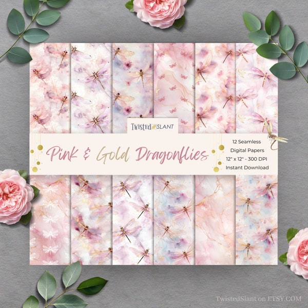 Watercolor Dragonfly Digital Paper | INSTANT DOWNLOAD | Dragonfly Digital Paper | Seamless Papers | Dragonfly Printable | Pink + Gold | DFY1