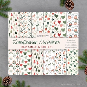 Carte digitali di Natale scandinave / DOWNLOAD IMMEDIATO / Motivo scandinavo / Sfondo nordico / Rosso, verde e bianco / Set 1 / SCANDI01