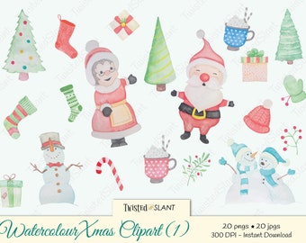 Watercolour Christmas Clipart, snowman clipart, Christmas tree clipart, present clipart, santa clip art, candy cane clipart, glove clipart