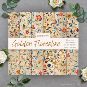 Florentiner Papier Digital | SOFORTIGER DOWNLOAD | Italienischer Florentiner | Seamless Paper Pack | Barock Muster | Set 6 | golden | FLOR01