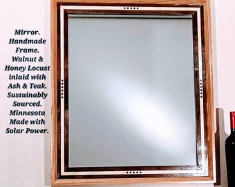 Mirror in Handcrafted Walnut and Honey Locust Frame with Teak Inlay (29x25")