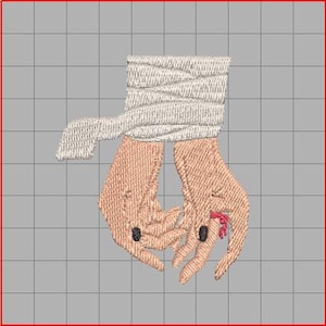 May include: Two hands are intertwined, one hand is wrapped in a white bandage, and the other hand has a small red bandage on the ring finger.