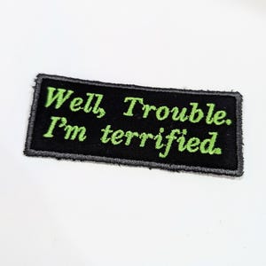 May include: A rectangular black patch with the embroidered text "Well, Trouble. I'm terrified" in green. The patch has a gray border and is set against a white background. This patch is suitable for jackets, bags, or other fabric items.