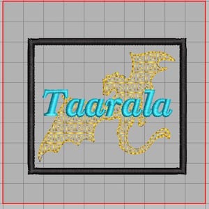 May include: A black framed embroidery design featuring a gold dragon with a blue embroidered name "Taarala" on a gray background.