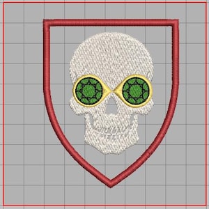 May include: A red embroidered patch with a white skull and crossbones. The skull has green gem-like eyes.