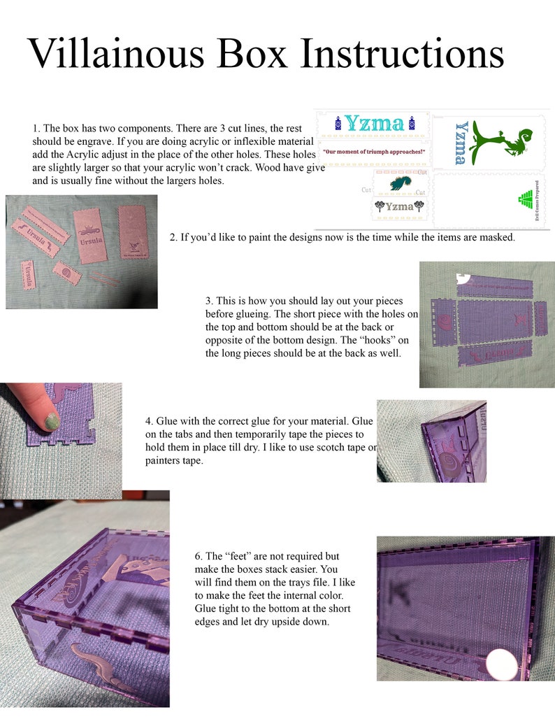 Pu&ograve; includere: Istruzioni per assemblare una scatola con un design viola, verde e rosa. Le istruzioni includono il testo che dice "Villainous Box Instructions" e "Our moment of triumph approaches!"