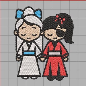 May include: Two embroidered figures, one in a white dress with a blue bow and the other in a red dress with a black eyepatch and a red bow.