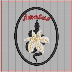 May include: Black and white embroidered patch with a white lily and a snake, surrounded by a black oval with the word "Amatus" in red lettering.