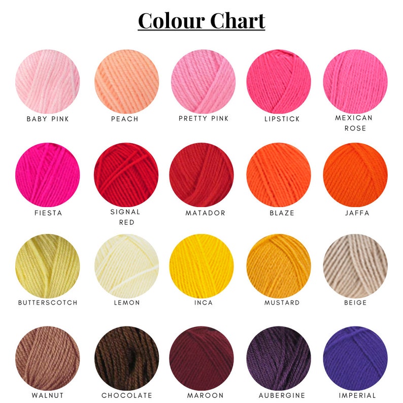 Pode incluir: Carta de cores que mostra 20 cores de fio diferentes, incluindo rosa beb&ecirc;, p&ecirc;ssego, rosa claro, batom, rosa mexicano, festa, vermelho sinal, matador, laranja intenso, jaffa, caramelo, lim&atilde;o, inca, mostarda, bege, noz, chocolate, vinho, berinjela e imperial.