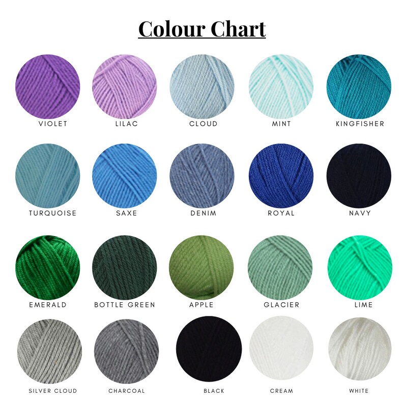 Pode incluir: Carta de cores que mostra amostras de fio em v&aacute;rias cores, incluindo violeta, lil&aacute;s, nuvem, menta, martim-pescador, turquesa, azul saxe, denim, azul royal, azul marinho, esmeralda, verde-garrafa, ma&ccedil;&atilde;, glaciar, lim&atilde;o, nuvem prateada, carv&atilde;o, preto, creme e branco.
