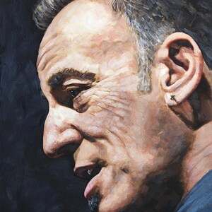 May include: A close-up portrait painting of a man with gray hair and a beard. The man is looking to the right and has a serious expression on his face. The painting is done in a realistic style and the man's features are well-defined.