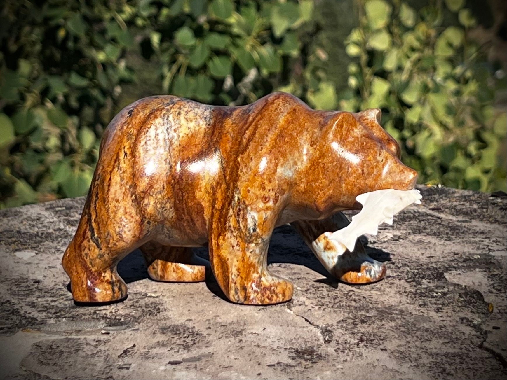 Soapstone Bear Sculpture With Fish 5, Artist Direct and Ready to