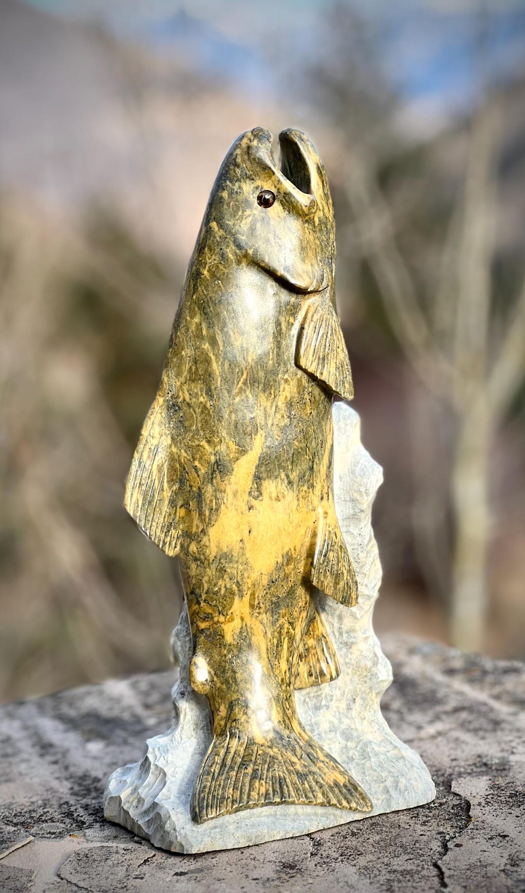 Soapstone Jumping Fish Sculpture With Base 12