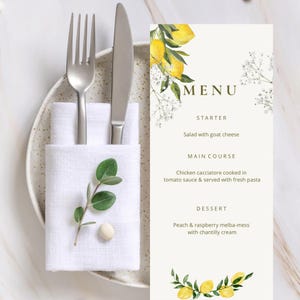 Puede incluir: Una tarjeta de menú blanca con un diseño de limón y hojas. El menú incluye un entrante, un plato principal y un postre. El entrante es ensalada con queso de cabra. El plato principal es pollo cacciatore cocinado en salsa de tomate y servido con pasta fresca. El postre es melocotón y frambuesa melba-mess con crema chantilly.