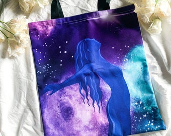 Carrying tote bag with print. For sustainable living. Eco-friendly. Unique design. Women, Goddess. Universe.  Shopper bag, Purple,