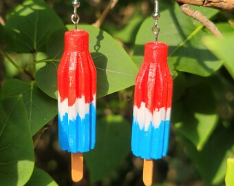 Bomb Pop 4th of July Earrings, Fire Cracker Popsicle, Summer Earrings, Handpainted, Eco-Friendly, Cute, Quirky, Lightweight, Unique Jewelry