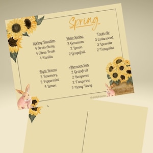 May include: A yellow and cream card with a spring theme. The card features a list of essential oils for spring, with the number of drops recommended for each oil. The card is decorated with sunflowers and a bunny rabbit.
